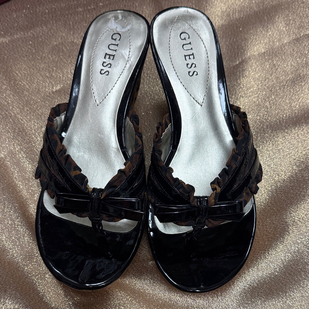 Guess Black and Brown Leopard Print Sandal Wedge - Size 7.5